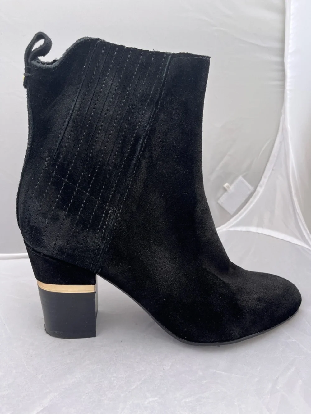 Lucca Lane Black Suede Ankle Boots Gold Hardware Accent Heel - Size 7